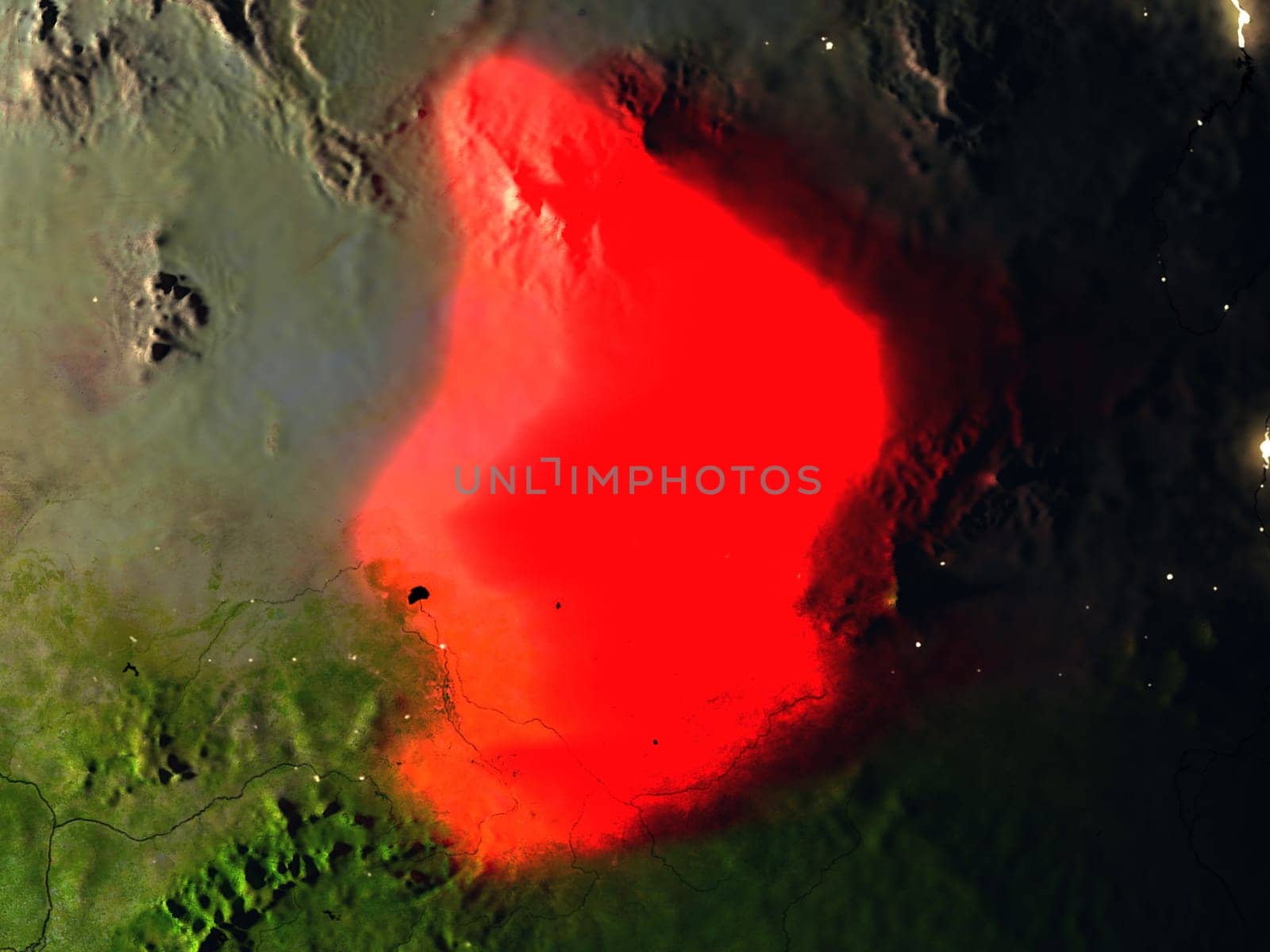 Chad in red at night as seen from Earth's orbit in space. 3D illustration with highly detailed realistic planet surface. Elements of this image furnished by NASA.