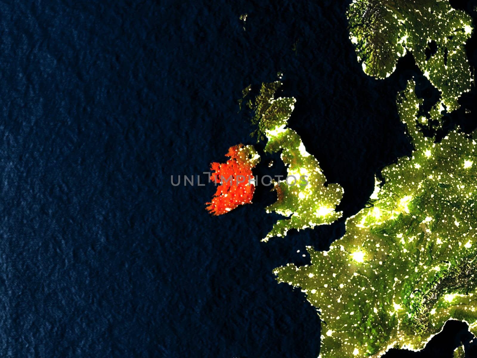 Ireland in red at night as seen from Earth's orbit in space. 3D illustration with highly detailed realistic planet surface. Elements of this image furnished by NASA.
