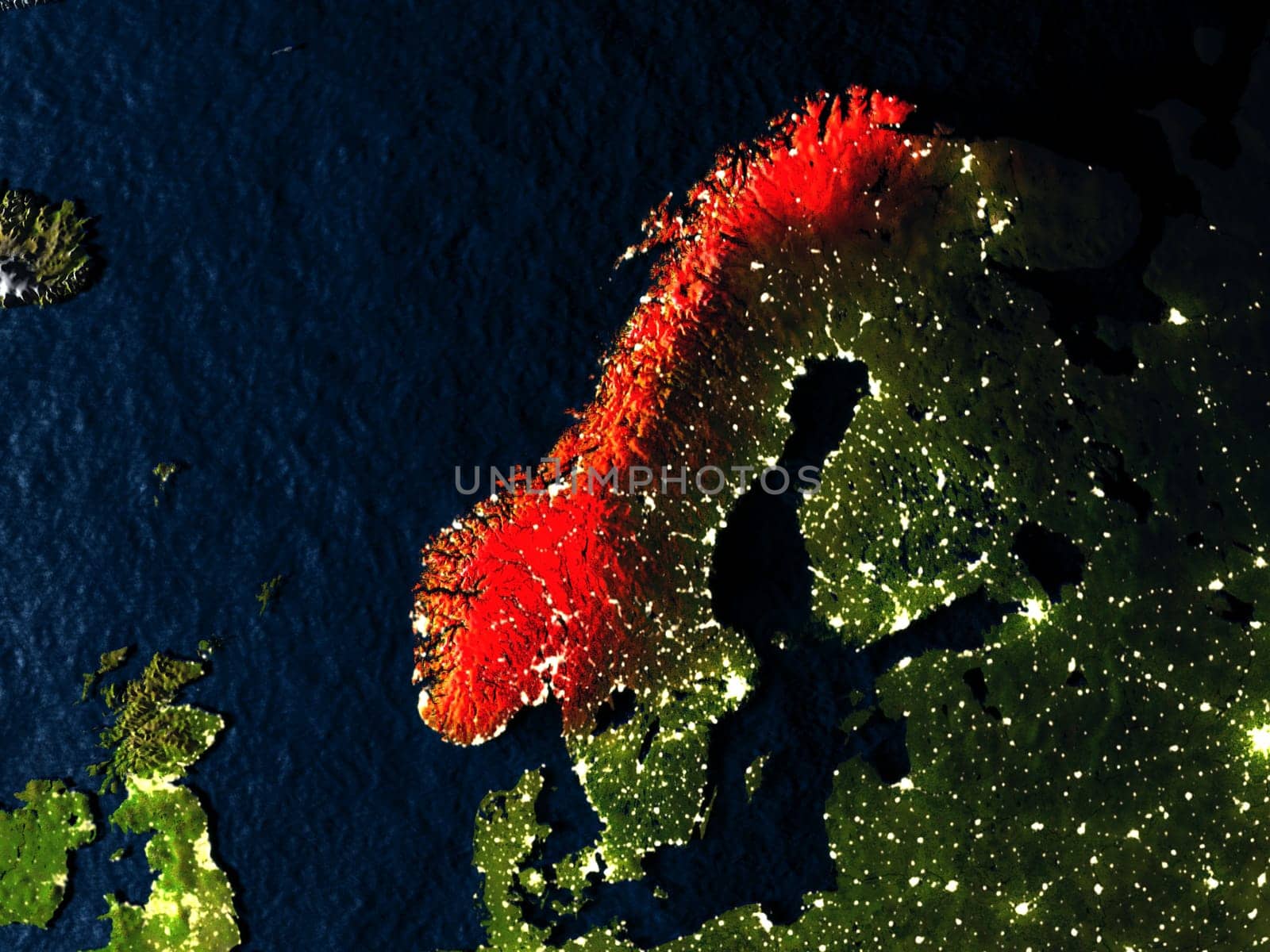 Norway in red at night as seen from Earth's orbit in space. 3D illustration with highly detailed realistic planet surface. Elements of this image furnished by NASA.