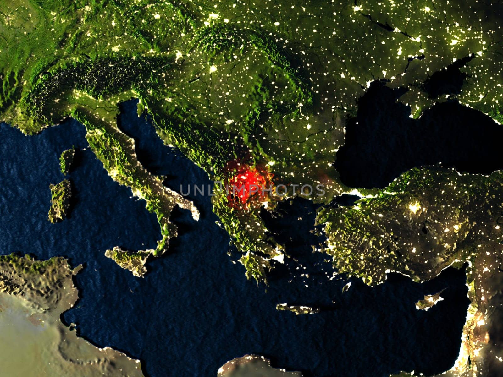 Macedonia in red at night as seen from Earth's orbit in space. 3D illustration with highly detailed realistic planet surface. Elements of this image furnished by NASA.