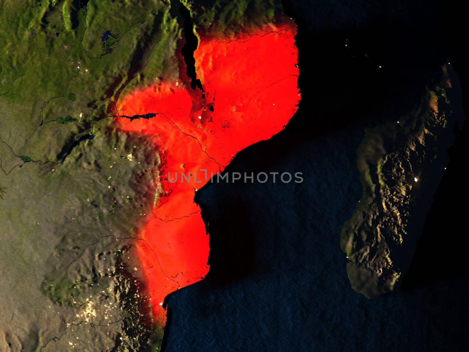 Mozambique in red at night as seen from Earth's orbit in space. 3D illustration with highly detailed realistic planet surface. Elements of this image furnished by NASA.
