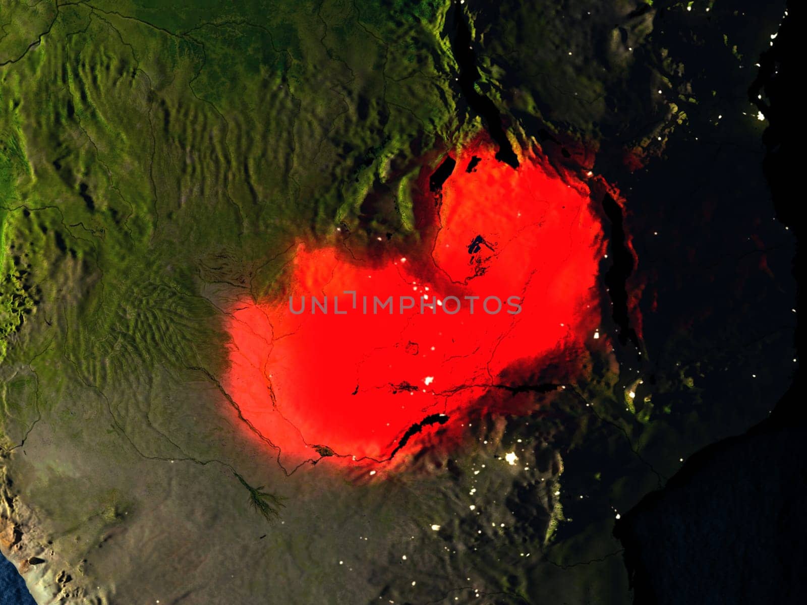Zambia in red at night as seen from Earth's orbit in space. 3D illustration with highly detailed realistic planet surface. Elements of this image furnished by NASA.