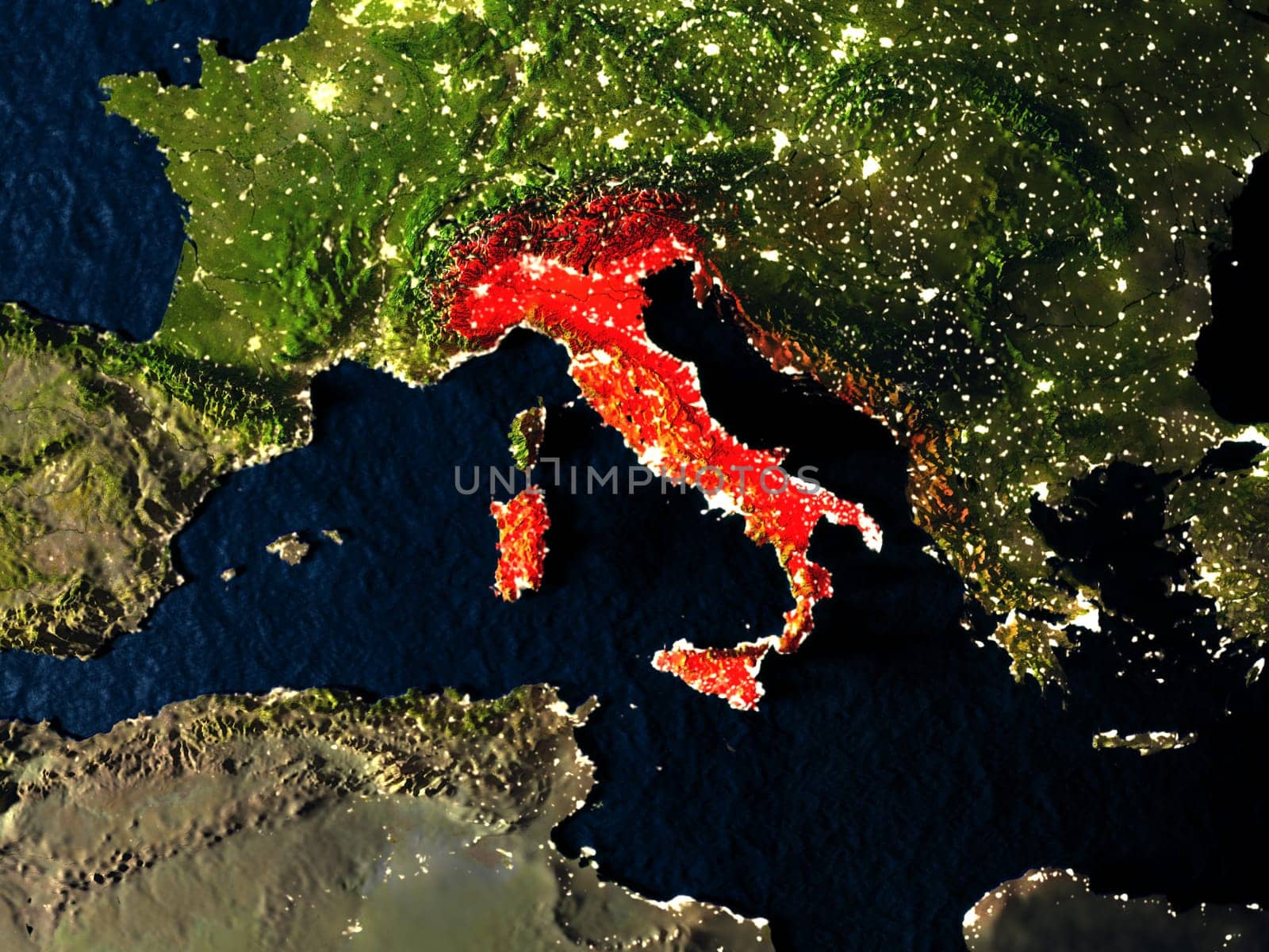 Italy in red at night as seen from Earth's orbit in space. 3D illustration with highly detailed realistic planet surface. Elements of this image furnished by NASA.