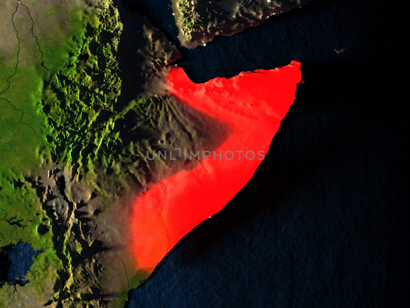 Somalia in red at night as seen from Earth's orbit in space. 3D illustration with highly detailed realistic planet surface. Elements of this image furnished by NASA.