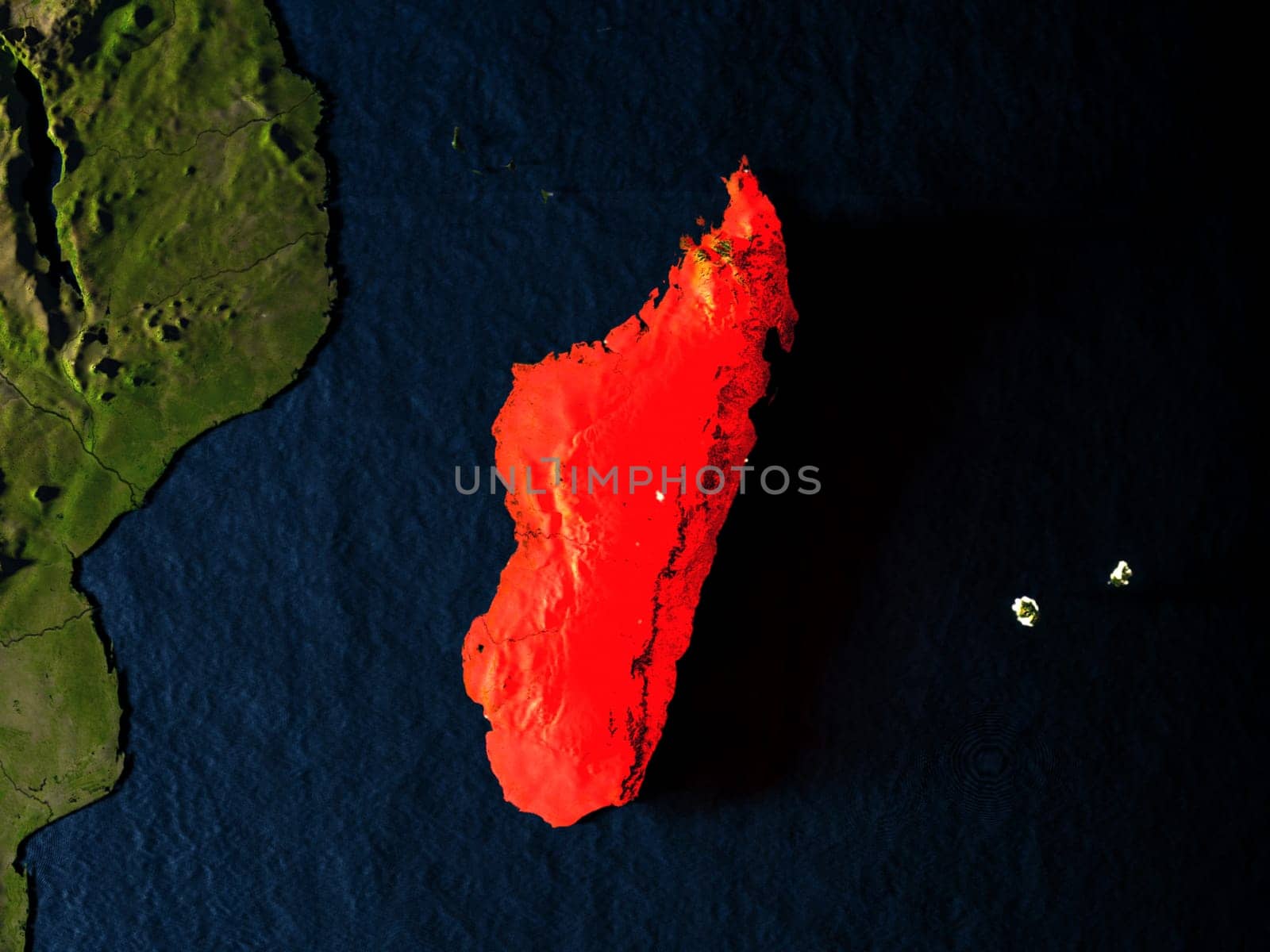 Madagascar in red at night as seen from Earth's orbit in space. 3D illustration with highly detailed realistic planet surface. Elements of this image furnished by NASA.