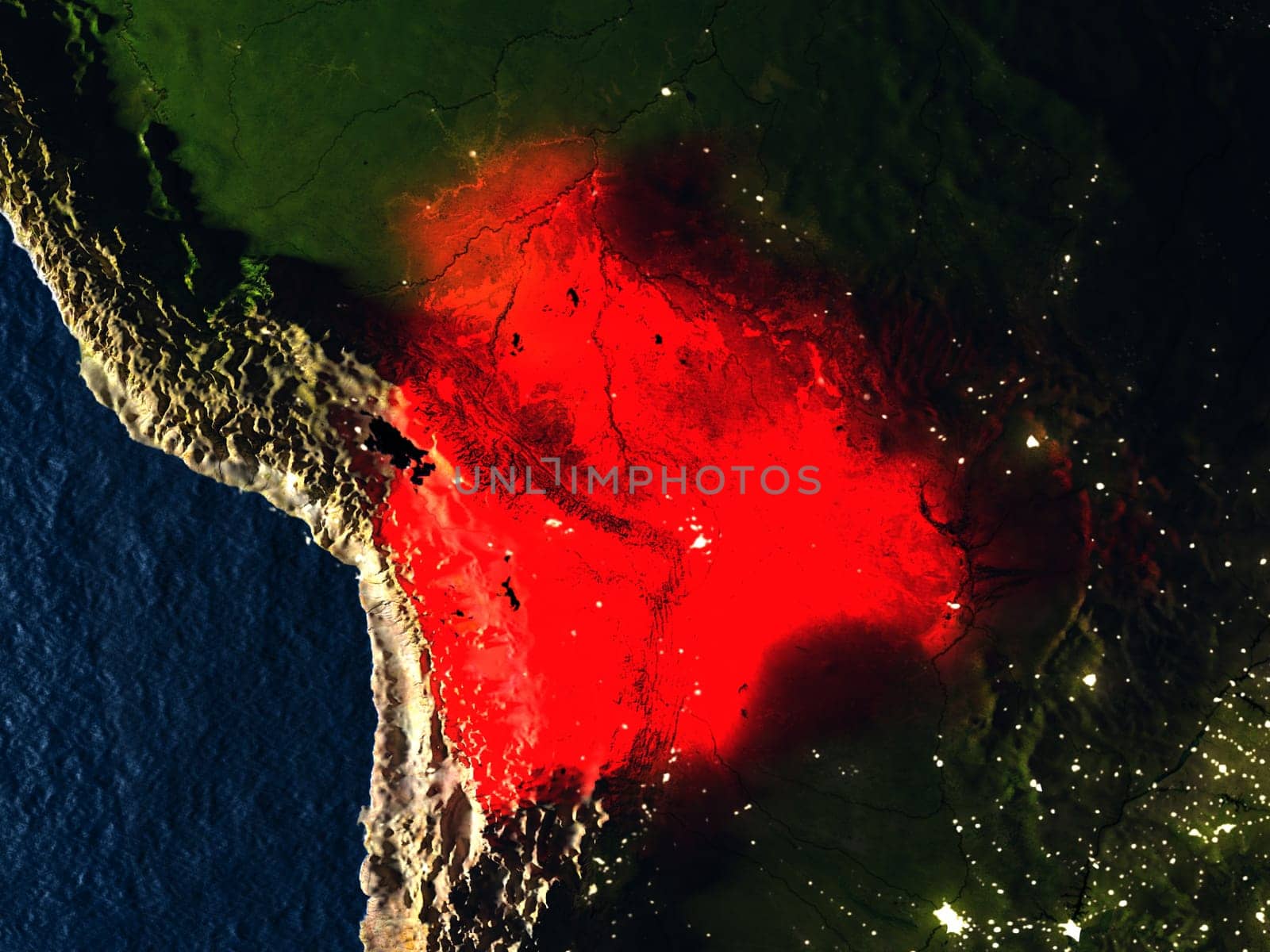 Bolivia in red at night as seen from Earth's orbit in space. 3D illustration with highly detailed realistic planet surface. Elements of this image furnished by NASA.