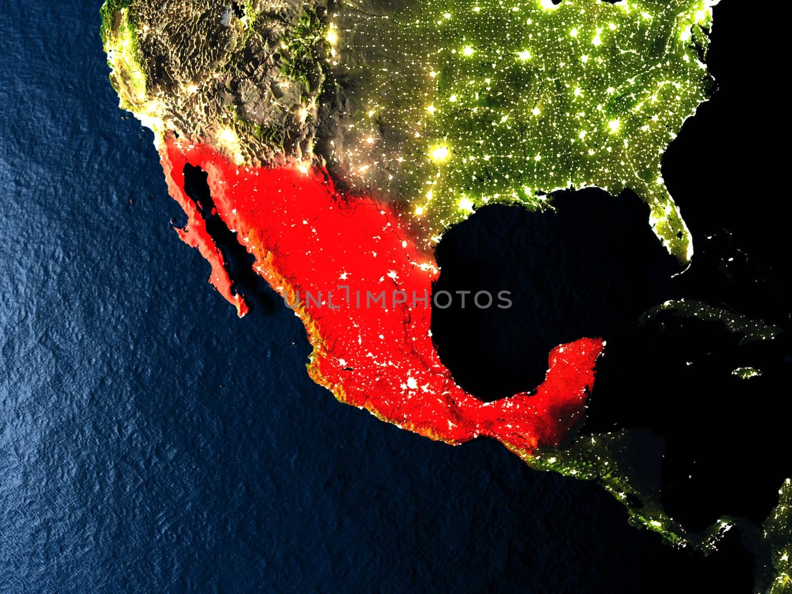 Mexico in red at night as seen from Earth's orbit in space. 3D illustration with highly detailed realistic planet surface. Elements of this image furnished by NASA.