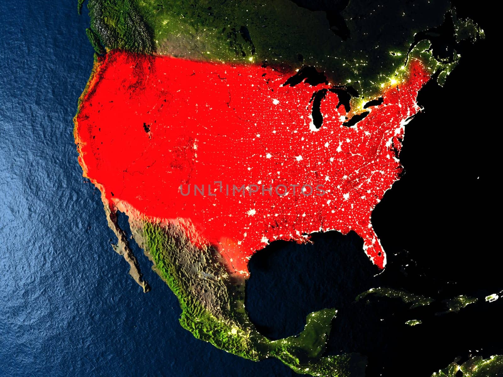 USA in red at night as seen from Earth's orbit in space. 3D illustration with highly detailed realistic planet surface. Elements of this image furnished by NASA.