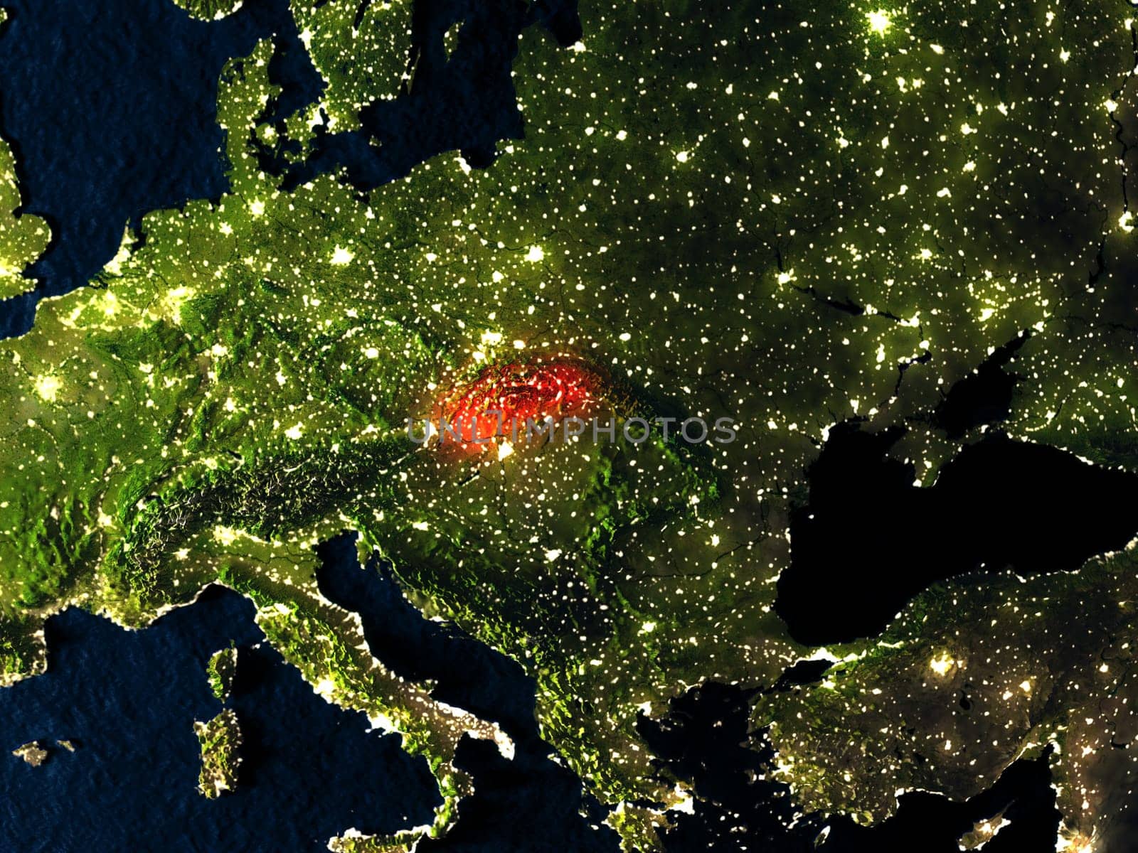 Slovakia in red at night as seen from Earth's orbit in space. 3D illustration with highly detailed realistic planet surface. Elements of this image furnished by NASA.