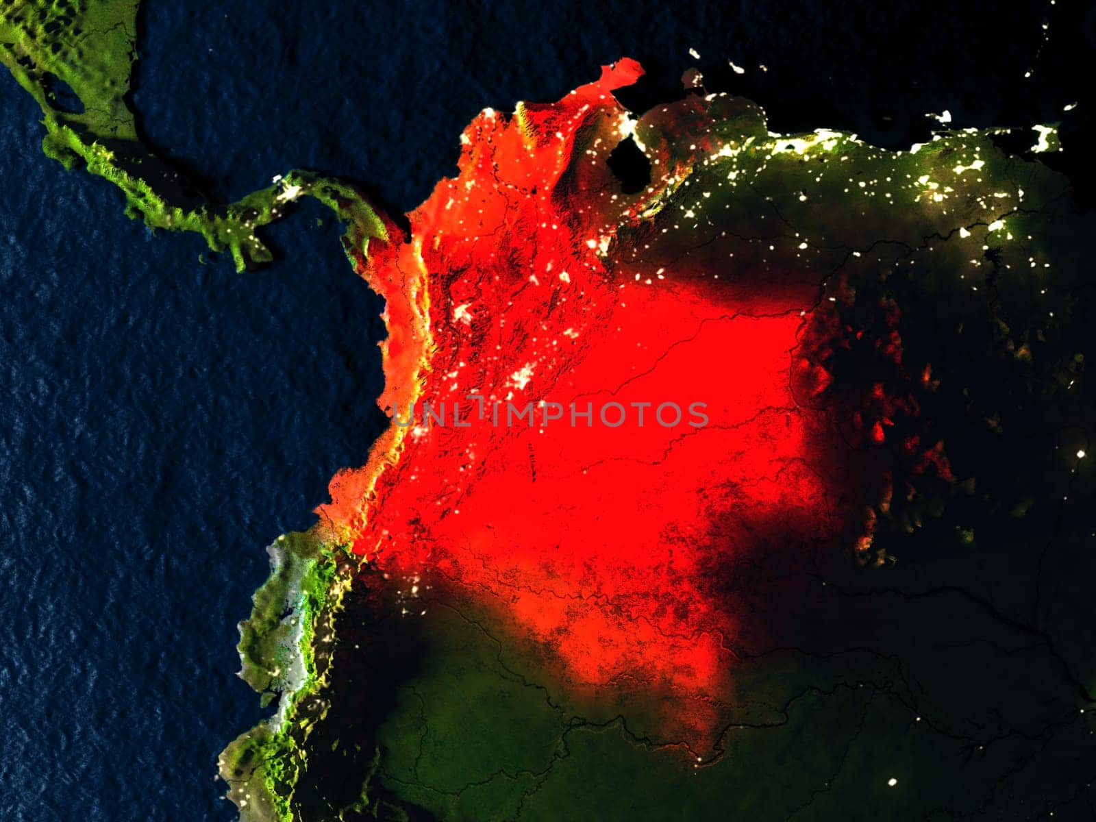 Colombia in red at night as seen from Earth's orbit in space. 3D illustration with highly detailed realistic planet surface. Elements of this image furnished by NASA.