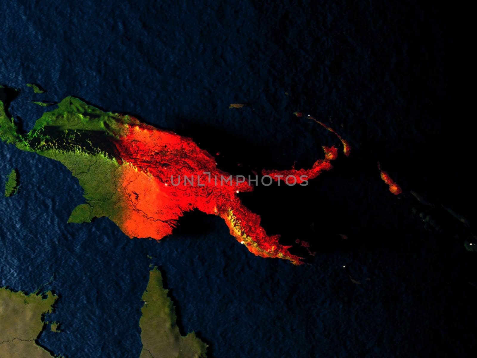 Papua New Guinea in red at night as seen from Earth's orbit in space. 3D illustration with highly detailed realistic planet surface. Elements of this image furnished by NASA.