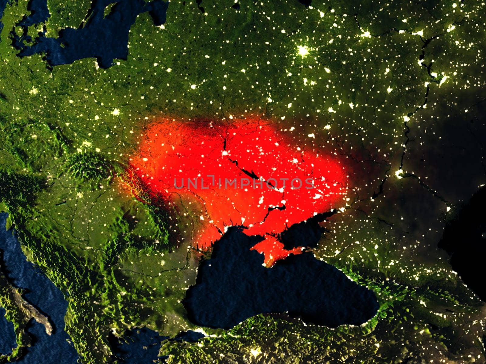 Ukraine in red at night as seen from Earth's orbit in space. 3D illustration with highly detailed realistic planet surface. Elements of this image furnished by NASA.
