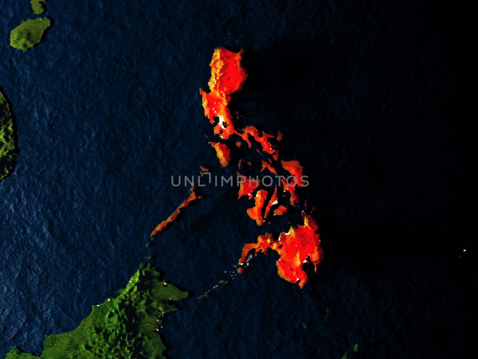 Philippines in red at night as seen from Earth's orbit in space. 3D illustration with highly detailed realistic planet surface. Elements of this image furnished by NASA.