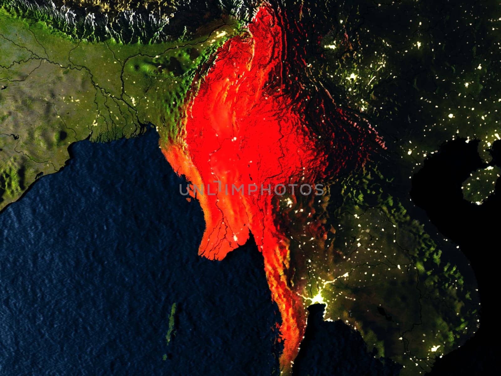 Myanmar in red at night as seen from Earth's orbit in space. 3D illustration with highly detailed realistic planet surface. Elements of this image furnished by NASA.