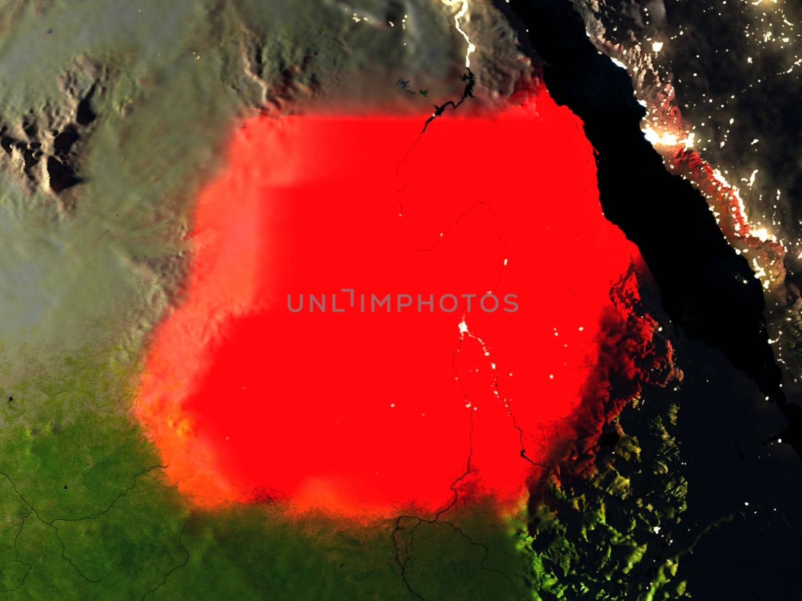 Sudan in red at night as seen from Earth's orbit in space. 3D illustration with highly detailed realistic planet surface. Elements of this image furnished by NASA.