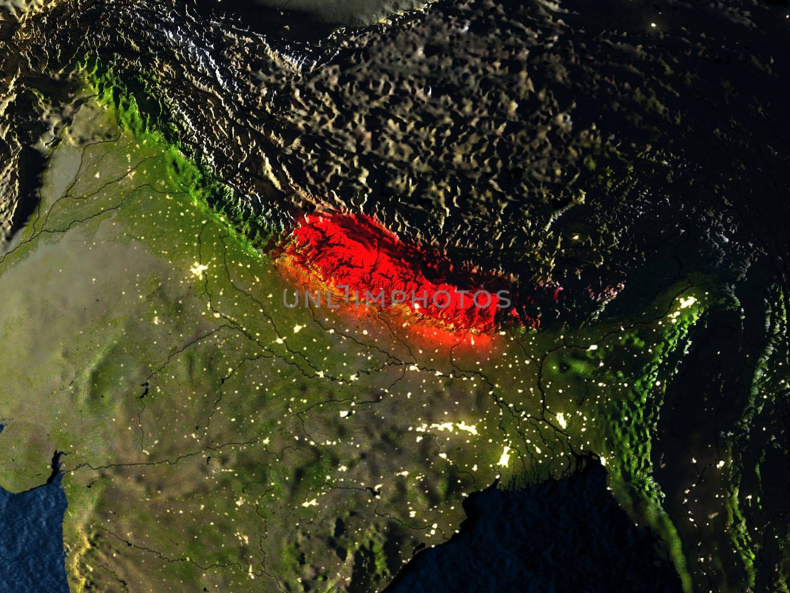 Nepal in red at night as seen from Earth's orbit in space. 3D illustration with highly detailed realistic planet surface. Elements of this image furnished by NASA.