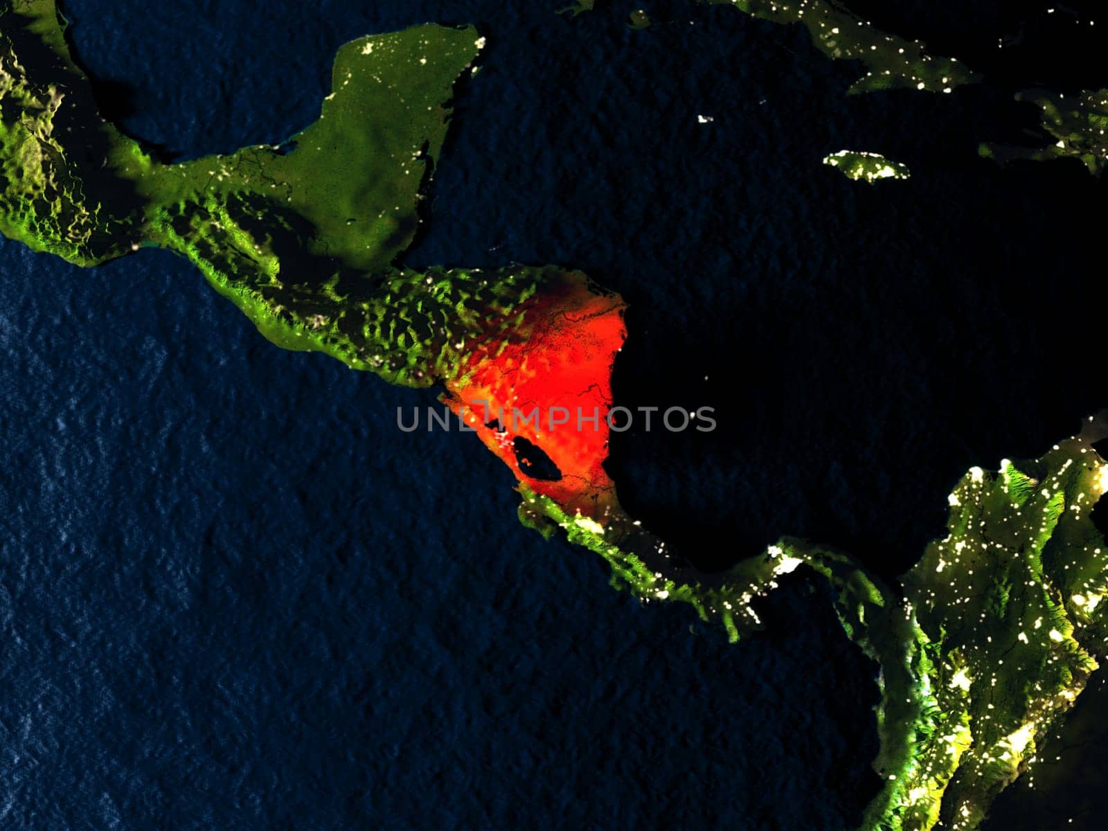 Nicaragua in red at night as seen from Earth's orbit in space. 3D illustration with highly detailed realistic planet surface. Elements of this image furnished by NASA.
