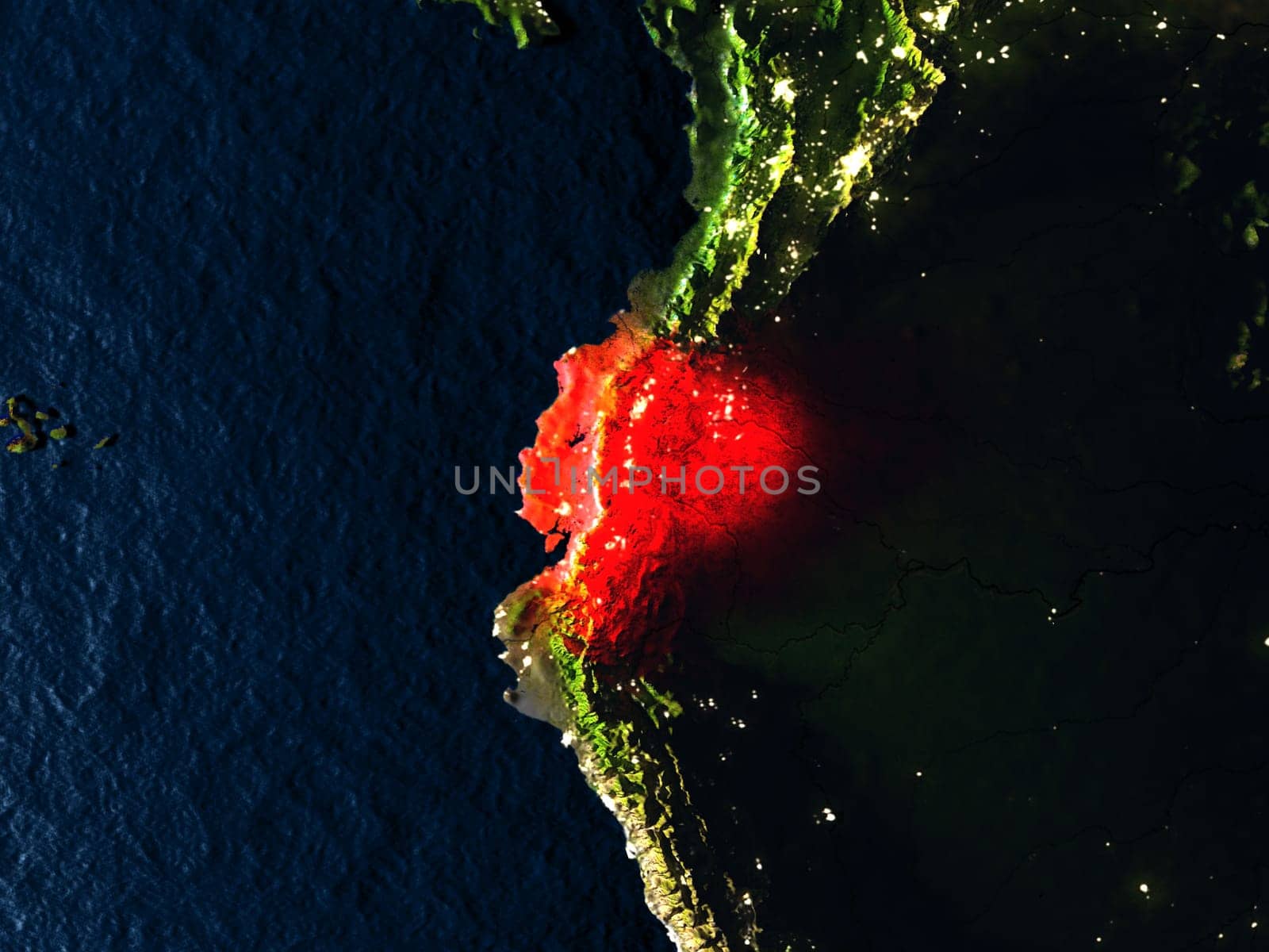 Ecuador in red at night as seen from Earth's orbit in space. 3D illustration with highly detailed realistic planet surface. Elements of this image furnished by NASA.