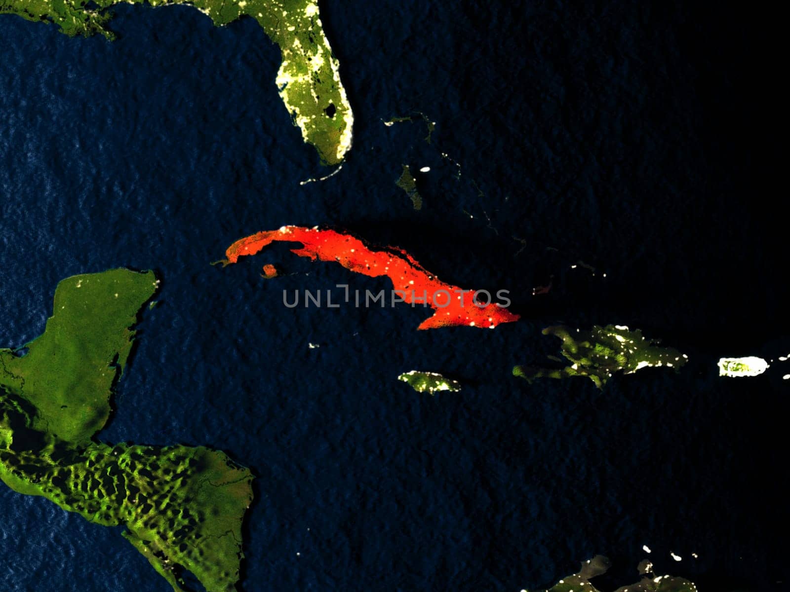 Cuba in red at night as seen from Earth's orbit in space. 3D illustration with highly detailed realistic planet surface. Elements of this image furnished by NASA.