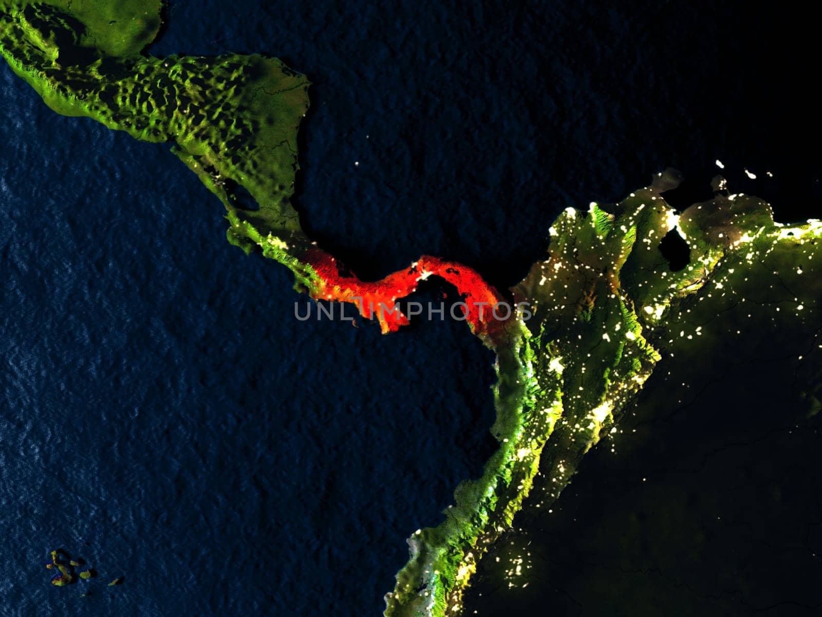 Panama in red at night as seen from Earth's orbit in space. 3D illustration with highly detailed realistic planet surface. Elements of this image furnished by NASA.