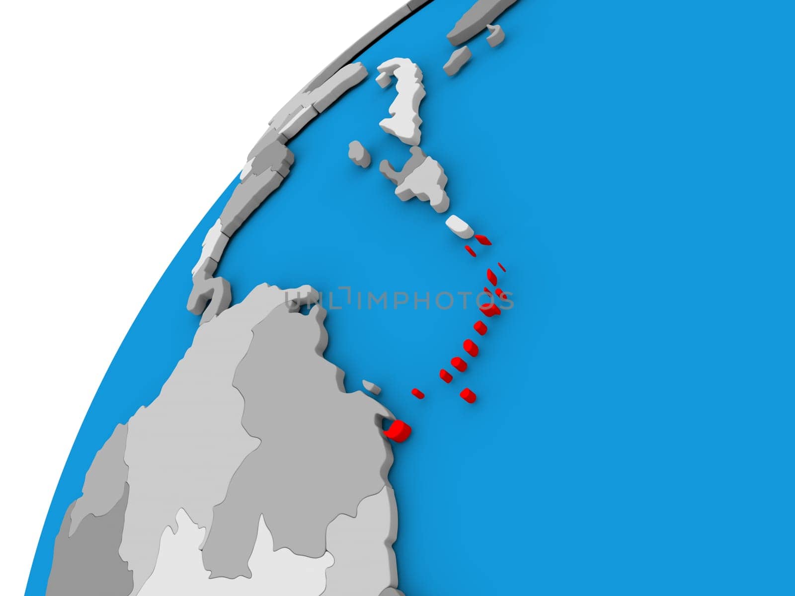 Caribbean highlighted in red on globe with visible country borders. 3D illustration