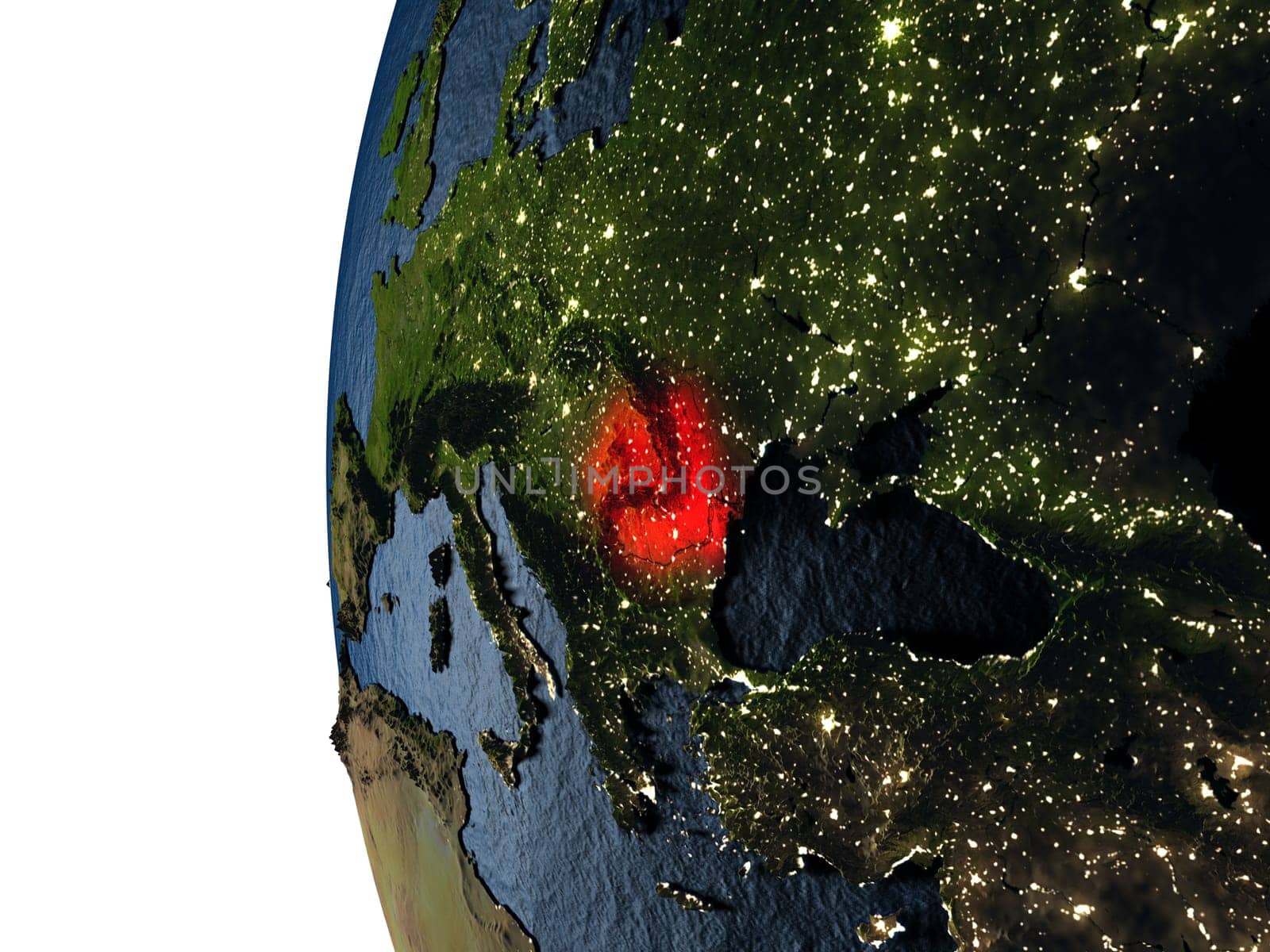 Romania highlighted in red on Earth as seen from Earth's orbit in space during sunset. 3D illustration with highly detailed realistic planet surface. Elements of this image furnished by NASA.