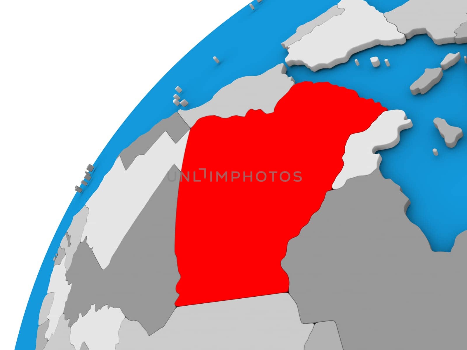 Algeria highlighted in red on globe with visible country borders. 3D illustration