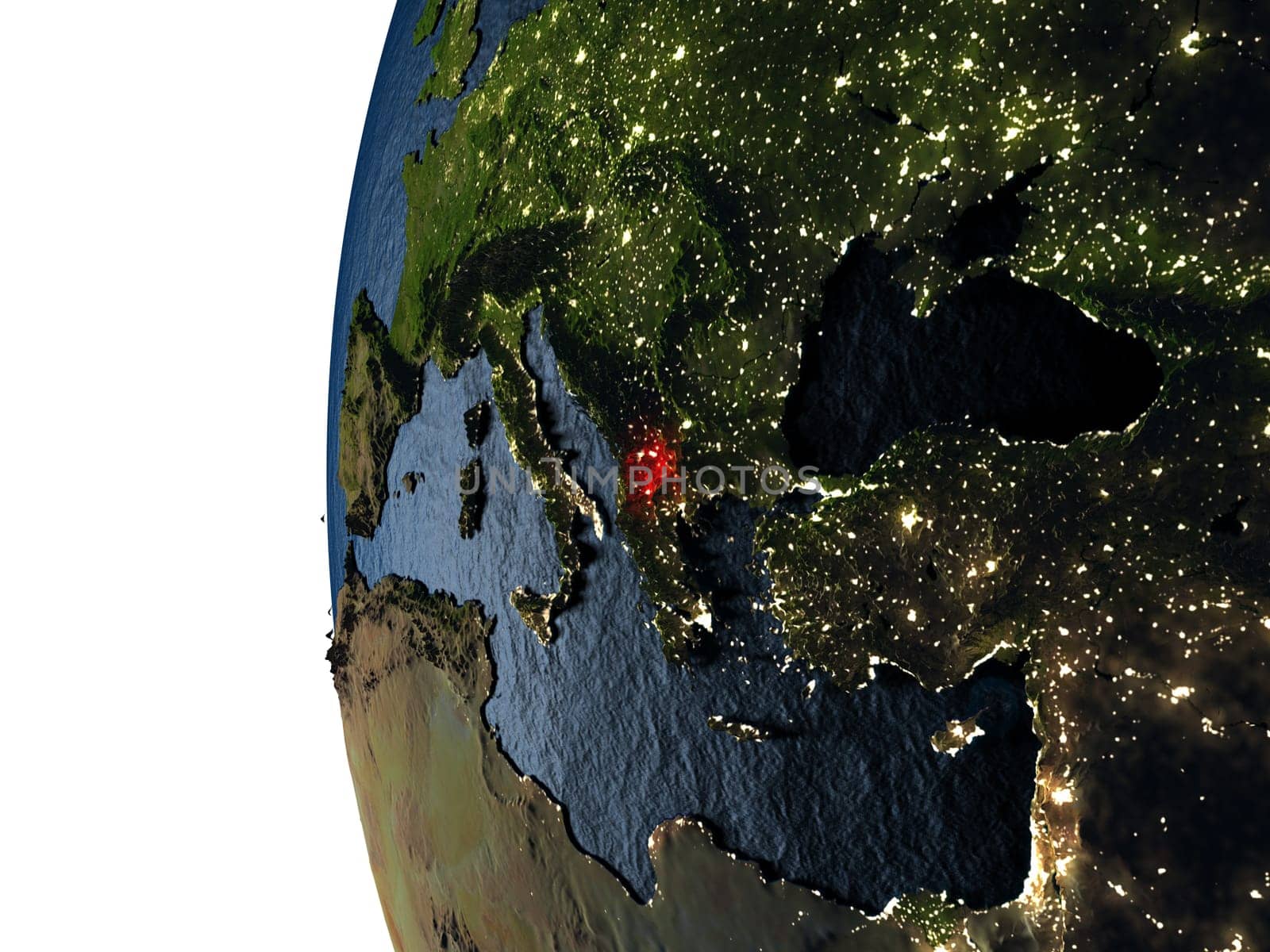 Macedonia highlighted in red on Earth as seen from Earth's orbit in space during sunset. 3D illustration with highly detailed realistic planet surface. Elements of this image furnished by NASA.