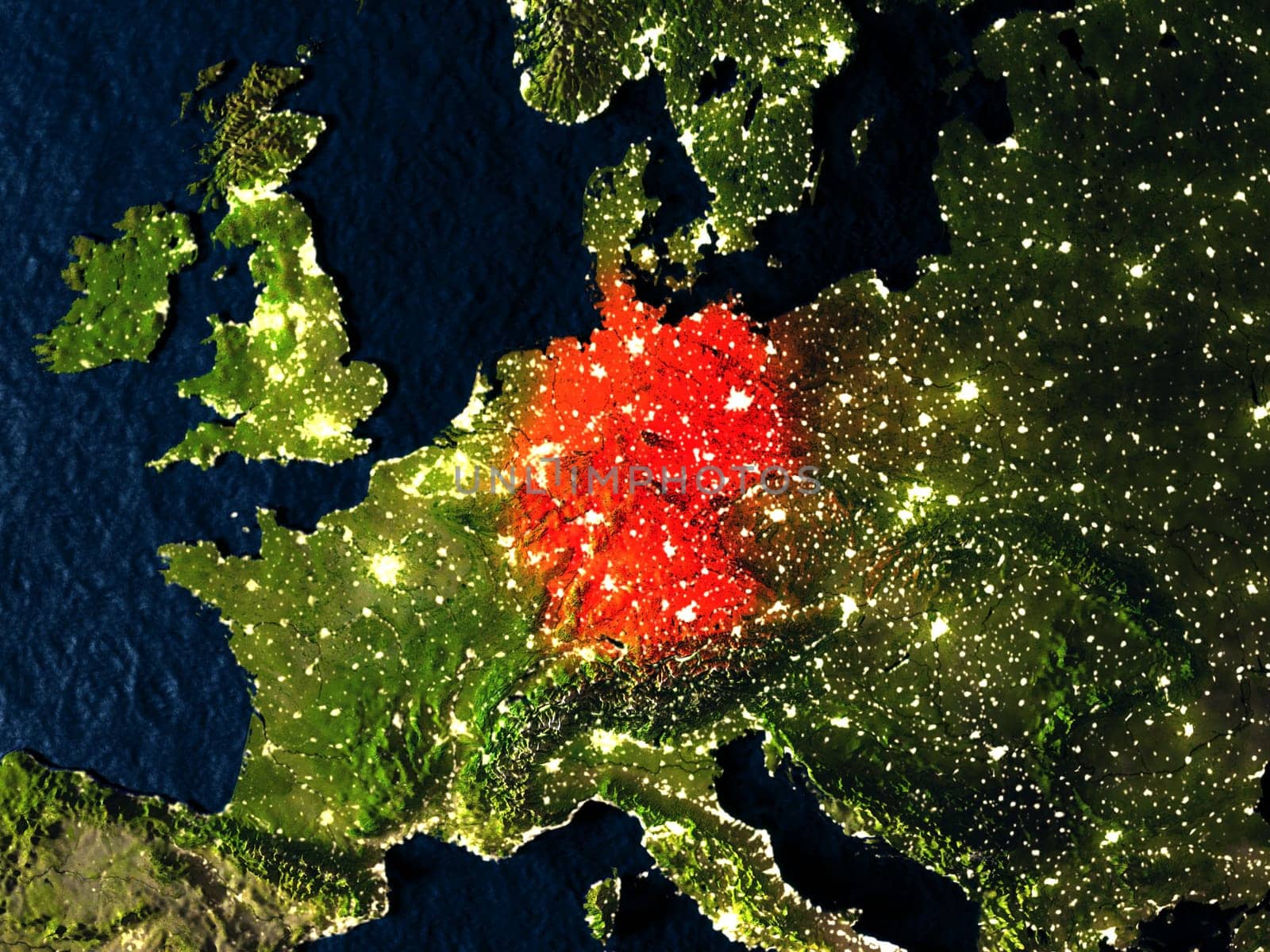 Germany in red at night as seen from Earth's orbit in space. 3D illustration with highly detailed realistic planet surface. Elements of this image furnished by NASA.