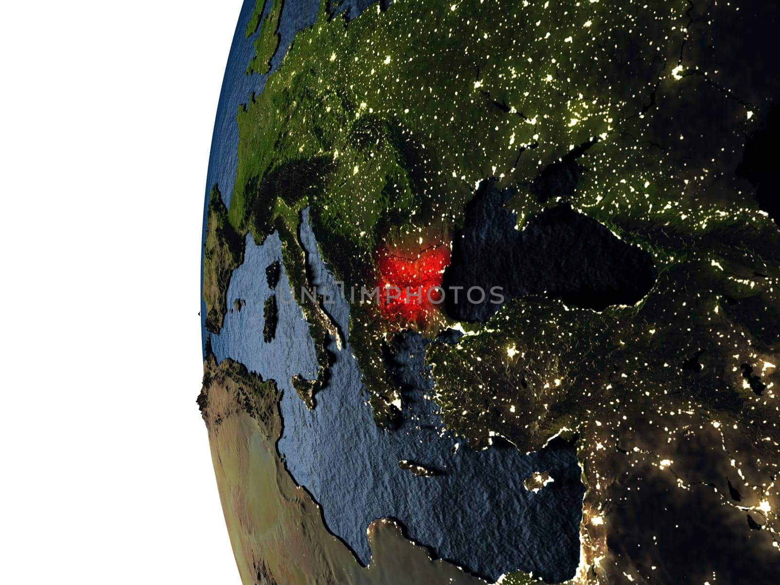 Bulgaria highlighted in red on Earth as seen from Earth's orbit in space during sunset. 3D illustration with highly detailed realistic planet surface. Elements of this image furnished by NASA.