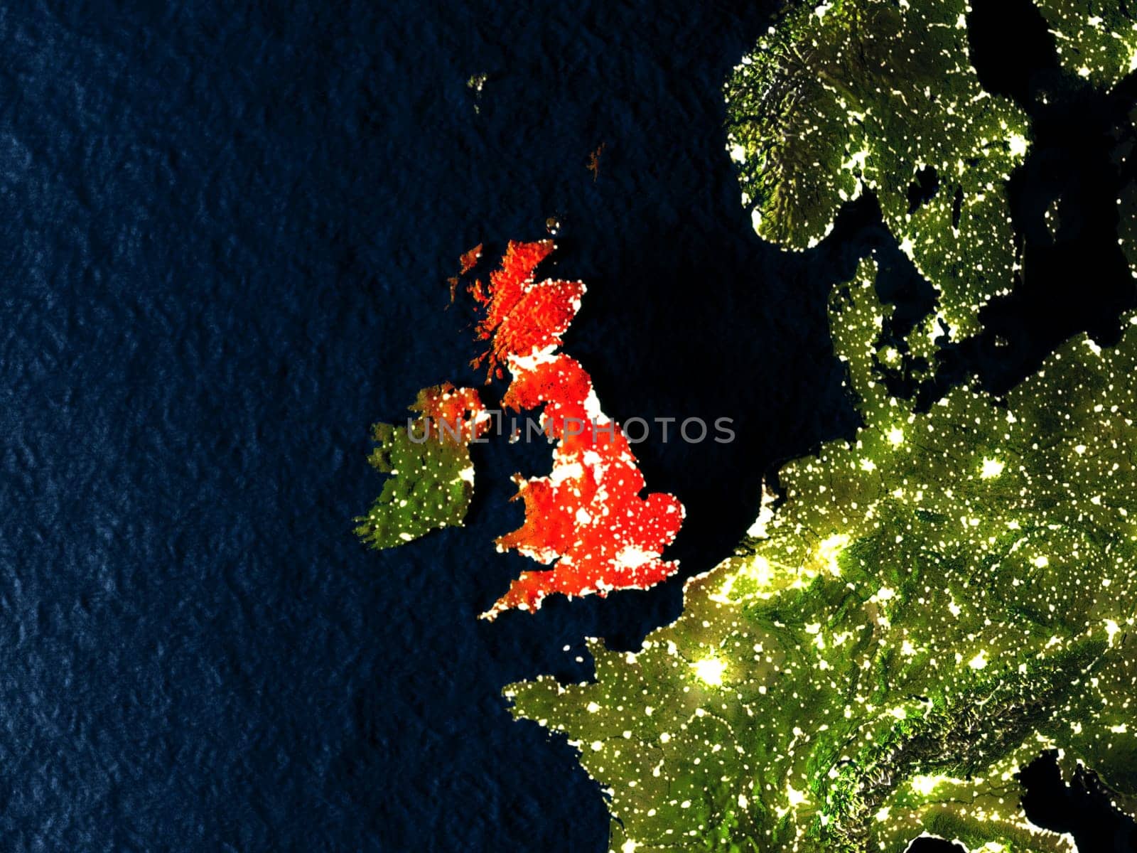 United Kingdom in red at night as seen from Earth's orbit in space. 3D illustration with highly detailed realistic planet surface. Elements of this image furnished by NASA.