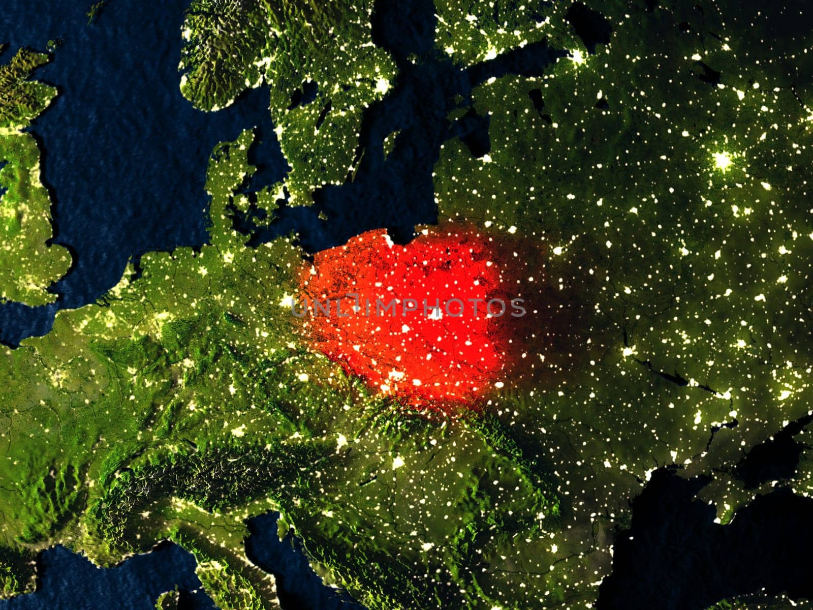 Poland in red at night as seen from Earth's orbit in space. 3D illustration with highly detailed realistic planet surface. Elements of this image furnished by NASA.
