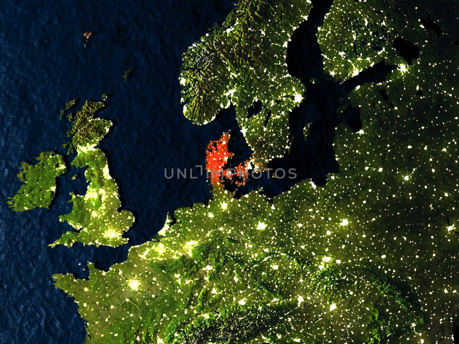 Denmark in red at night as seen from Earth's orbit in space. 3D illustration with highly detailed realistic planet surface. Elements of this image furnished by NASA.