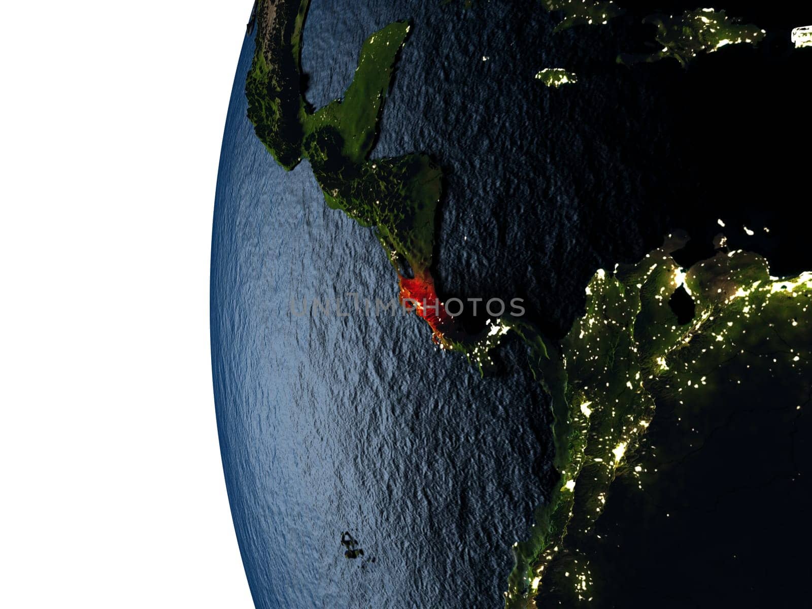 Costa Rica highlighted in red on Earth as seen from Earth's orbit in space during sunset. 3D illustration with highly detailed realistic planet surface. Elements of this image furnished by NASA.