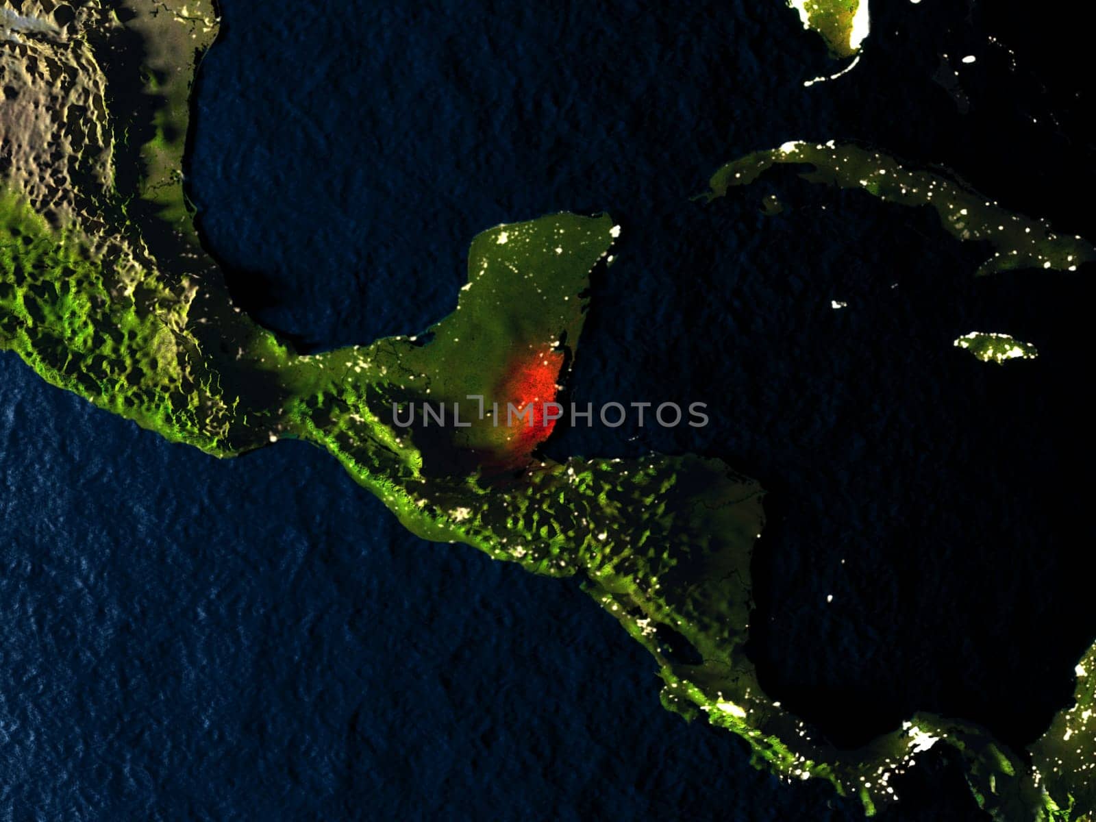 Belize in red at night as seen from Earth's orbit in space. 3D illustration with highly detailed realistic planet surface. Elements of this image furnished by NASA.