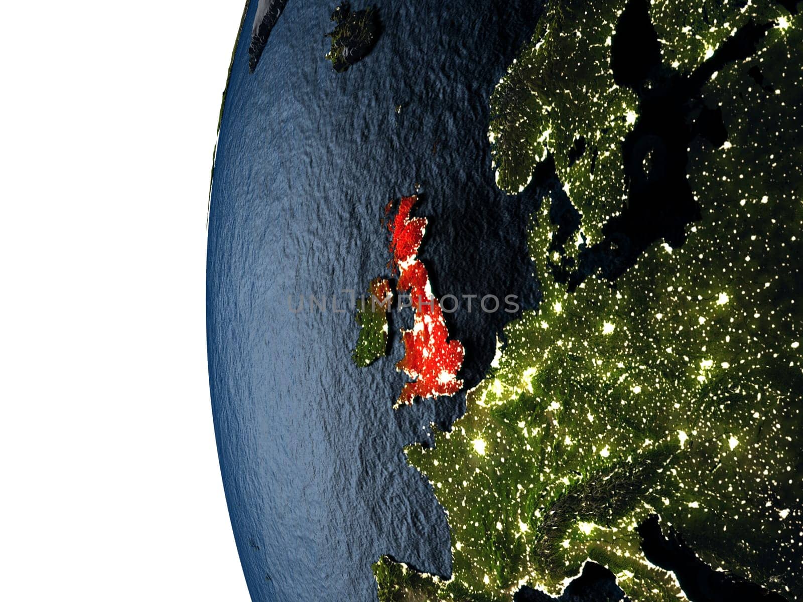 United Kingdom highlighted in red on Earth as seen from Earth's orbit in space during sunset. 3D illustration with highly detailed realistic planet surface. Elements of this image furnished by NASA.