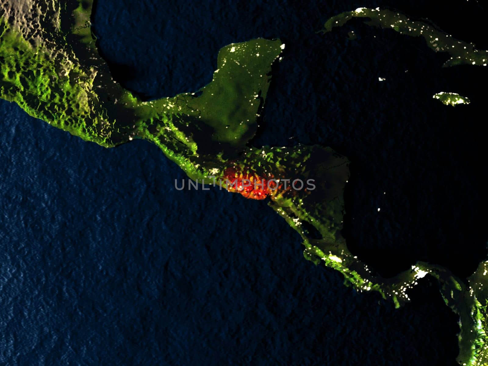 El Salvador in red at night as seen from Earth's orbit in space. 3D illustration with highly detailed realistic planet surface. Elements of this image furnished by NASA.