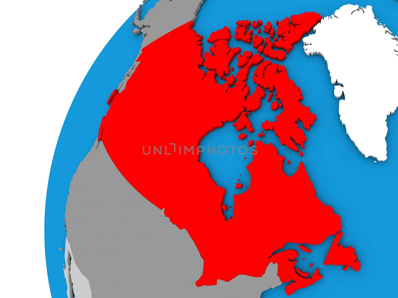 Canada highlighted in red on globe with visible country borders. 3D illustration
