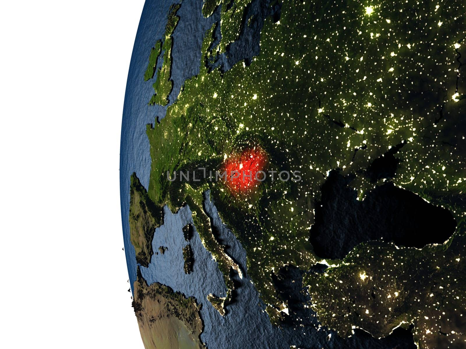 Hungary highlighted in red on Earth as seen from Earth's orbit in space during sunset. 3D illustration with highly detailed realistic planet surface. Elements of this image furnished by NASA.
