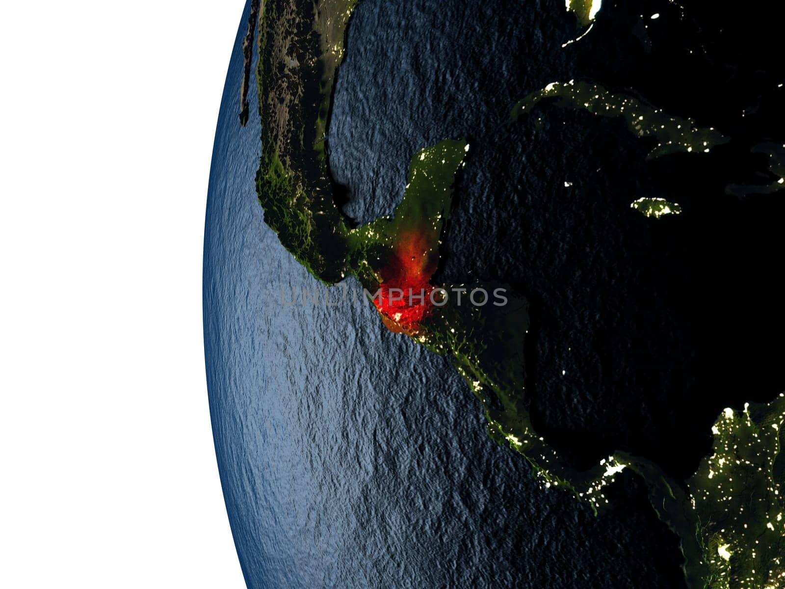 Guatemala highlighted in red on Earth as seen from Earth's orbit in space during sunset. 3D illustration with highly detailed realistic planet surface. Elements of this image furnished by NASA.
