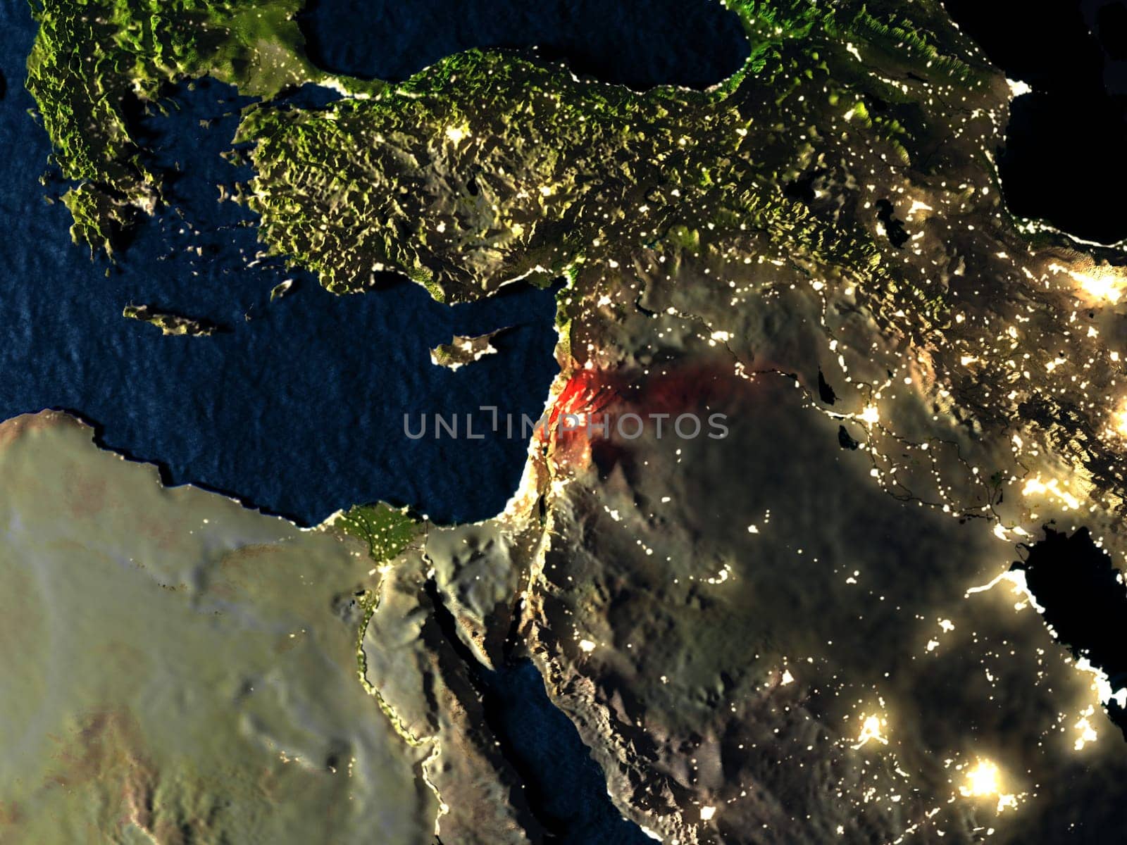 Lebanon in red at night as seen from Earth's orbit in space. 3D illustration with highly detailed realistic planet surface. Elements of this image furnished by NASA.