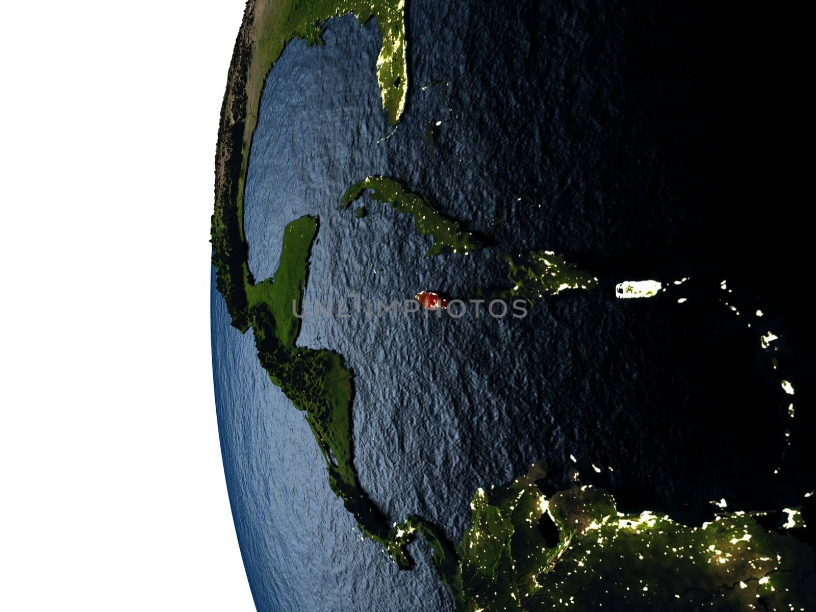 Jamaica highlighted in red on Earth as seen from Earth's orbit in space during sunset. 3D illustration with highly detailed realistic planet surface. Elements of this image furnished by NASA.