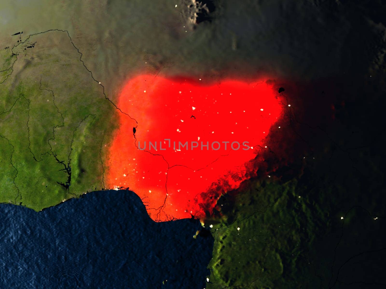 Nigeria in red at night as seen from Earth's orbit in space. 3D illustration with highly detailed realistic planet surface. Elements of this image furnished by NASA.