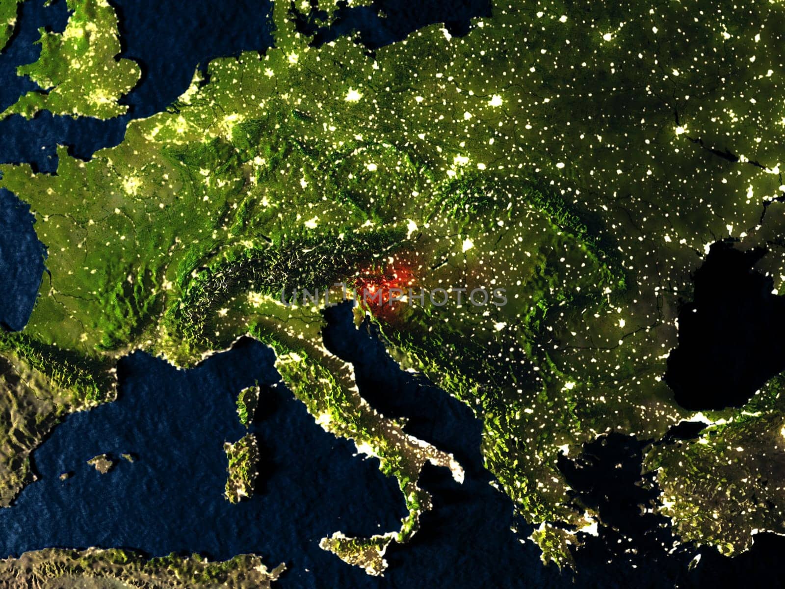 Slovenia in red at night as seen from Earth's orbit in space. 3D illustration with highly detailed realistic planet surface. Elements of this image furnished by NASA.