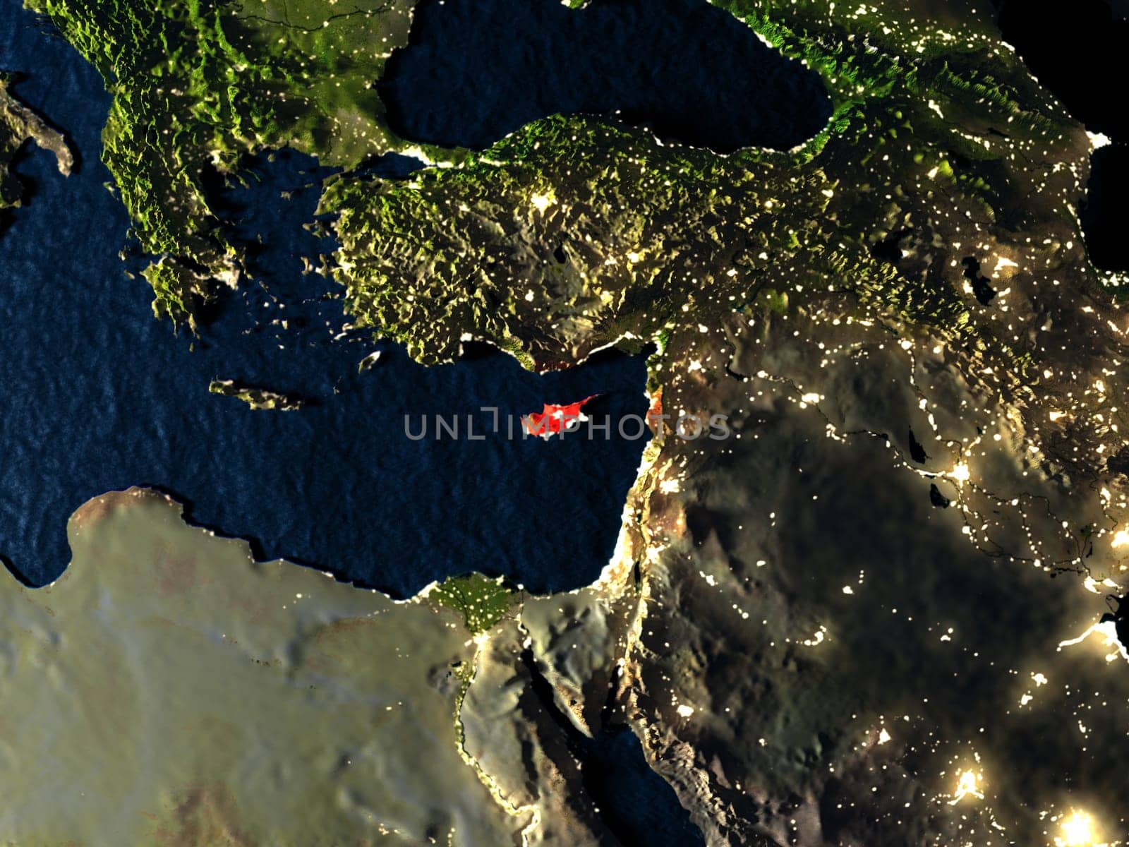 Cyprus in red at night as seen from Earth's orbit in space. 3D illustration with highly detailed realistic planet surface. Elements of this image furnished by NASA.