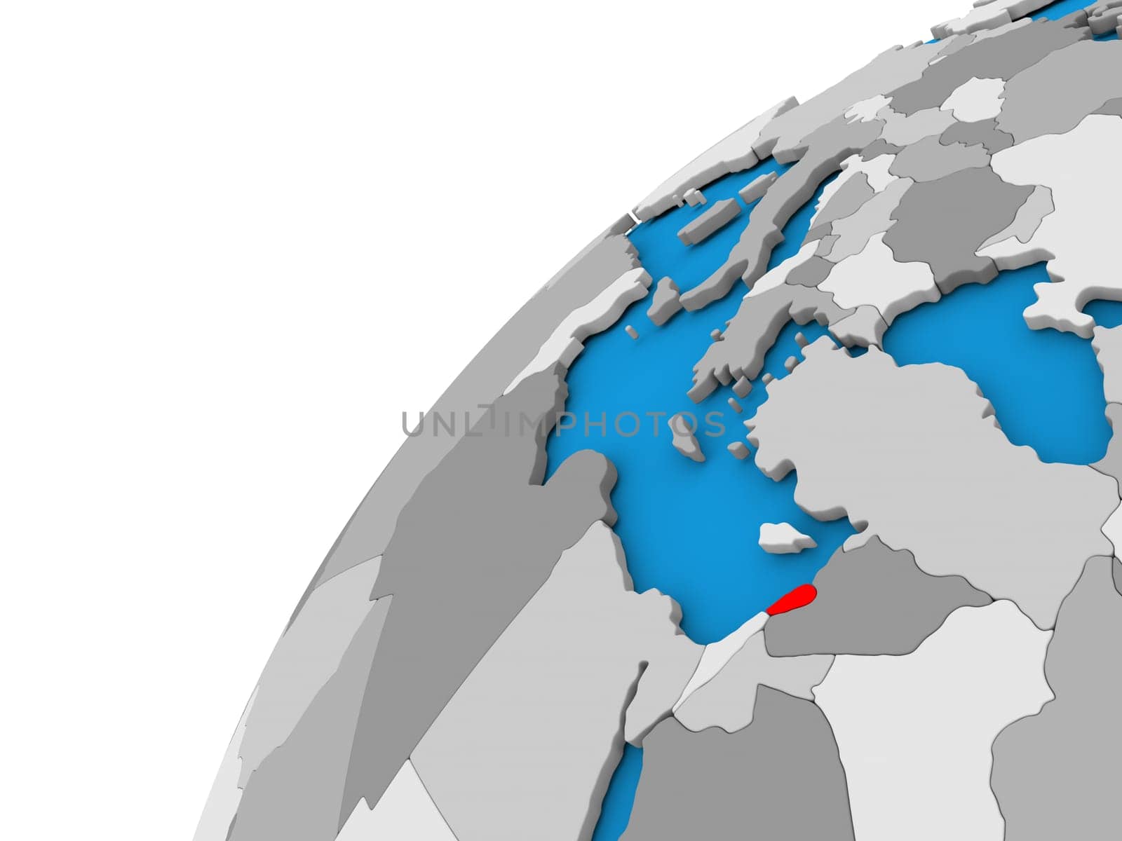Lebanon highlighted in red on globe with visible country borders. 3D illustration