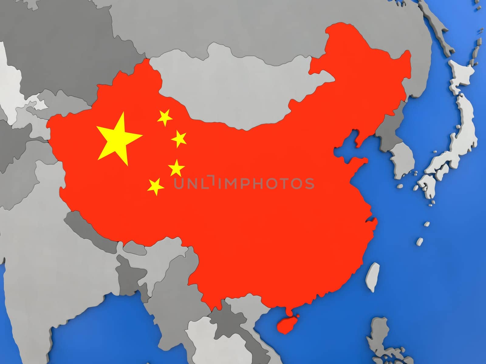 Map of China with embedded national flag on globe, top-down view. 3D illustration