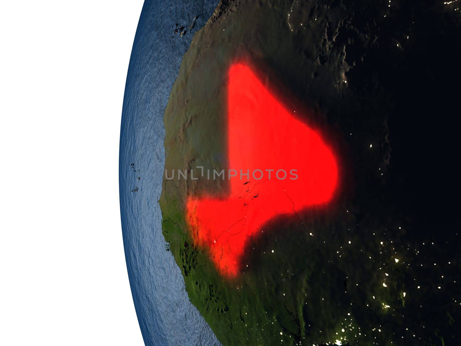 Mali highlighted in red on Earth as seen from Earth's orbit in space during sunset. 3D illustration with highly detailed realistic planet surface. Elements of this image furnished by NASA.