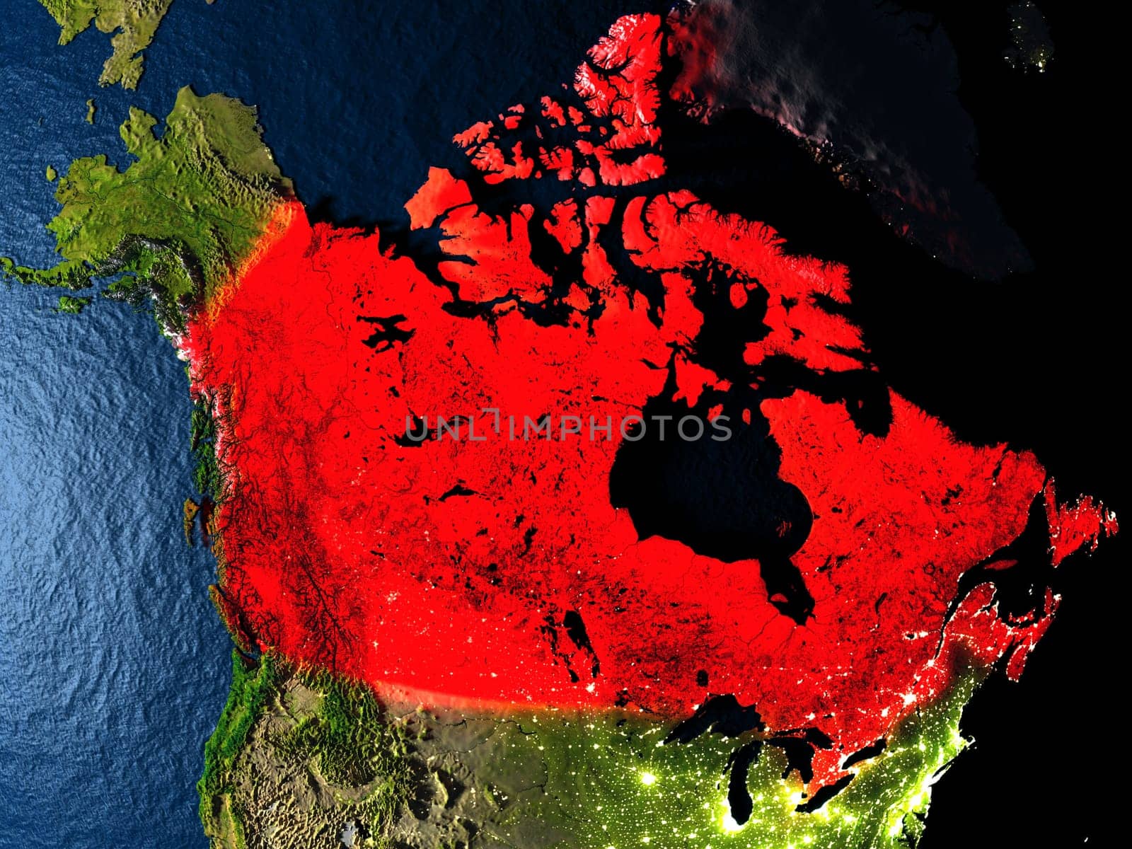 Canada in red at night as seen from Earth's orbit in space. 3D illustration with highly detailed realistic planet surface. Elements of this image furnished by NASA.