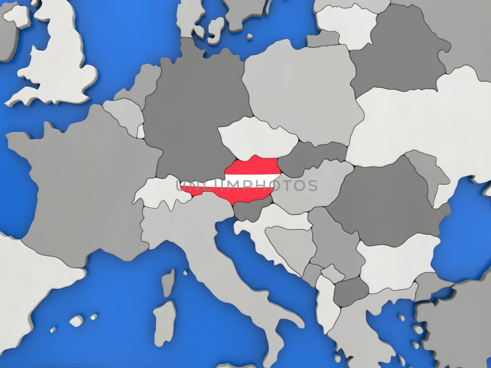 Map of Austria with embedded national flag on globe, top-down view. 3D illustration